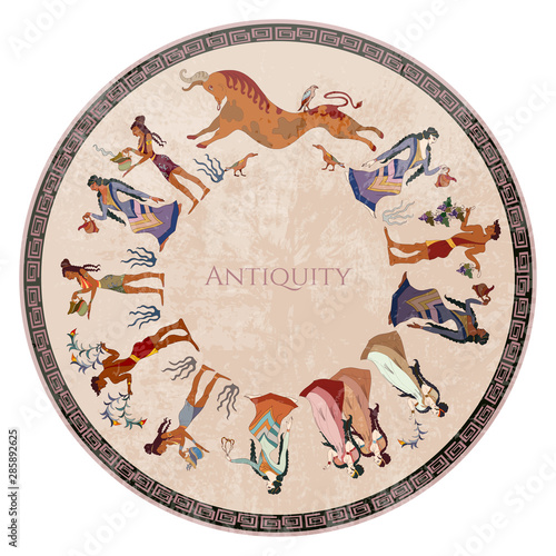 Crete. Heraklion. Cicrcle Knossos murals mythology. Minoan civilization. Ancient Greece frescos. Jumping bulls and goddesses. Ancient art