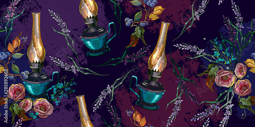 Embroidery kerosene lamp, roses and blackberry horizontal seamless pattern. Camping lantern. Fairy tale, halloween background. Fashion outdoor template of clothes, t-shirt design