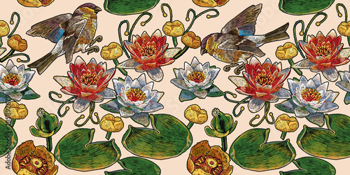 Embroidery pink and white lotuses and water lilies, birds horizontal seamless pattern. Template fashionable clothes, t-shirt design