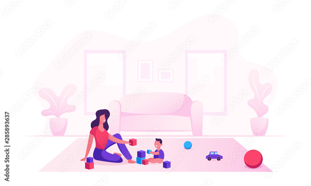 Happy Family of Loving Mom and Cheerful Kid Having Leisure Time. Mother and Little Son Playing Toys Sitting on Floor. Woman and Baby Boy Gaming Fun Loving Relation Cartoon Flat Vector Illustration
