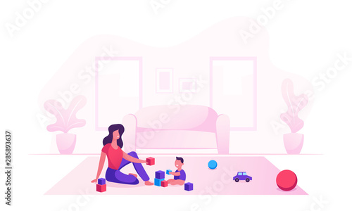 Happy Family of Loving Mom and Cheerful Kid Having Leisure Time. Mother and Little Son Playing Toys Sitting on Floor. Woman and Baby Boy Gaming Fun Loving Relation Cartoon Flat Vector Illustration