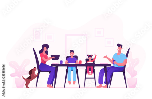 Happy Family of Mother Father and Little Kids Having Dinner Around Table with Food. People Eating Meal and Talking Together, Cheerful Characters Group During Lunch. Cartoon Flat Vector Illustration