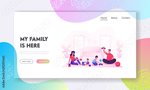 Happy Family with Kids Leisure Time Website Landing Page. Father and Mother Playing Toys with Children. Mom Dad and Little Sons Loving Relation Web Page Banner. Cartoon Flat Vector Illustration
