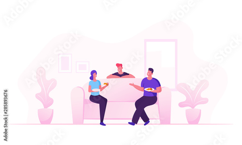 Friends Company Sitting on Couch in Living Room Drinking Beverages Eating Pizza Communicating at Home. Characters Friendship, Chatting People Having Leisure Sparetime Cartoon Flat Vector Illustration