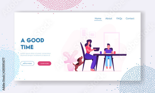 Cheerful Characters During Lunch Website Landing Page. Happy Family of Mother, Little Kid and Pet Having Dinner Sitting at Table. Mom and Son Eat Meal Web Page Banner. Cartoon Flat Vector Illustration