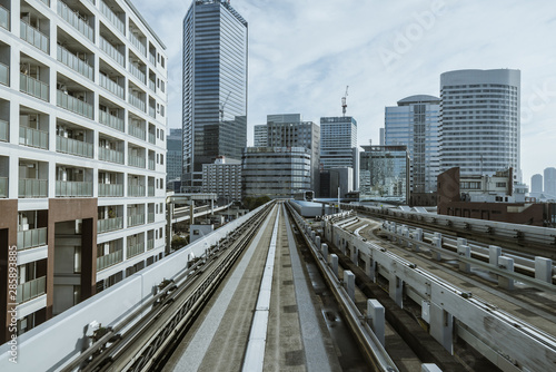 Cityscape from monorail sky train in Tokyo