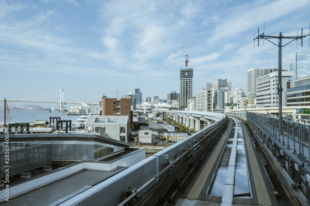 Cityscape from monorail sky train in Tokyo