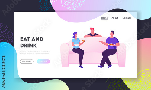 Home Party Meeting Friends Website Landing Page. Company Sitting on Couch in Living Room Drinking Beverages Eating Pizza. People Chatting Leisure Web Page Banner. Cartoon Flat Vector Illustration