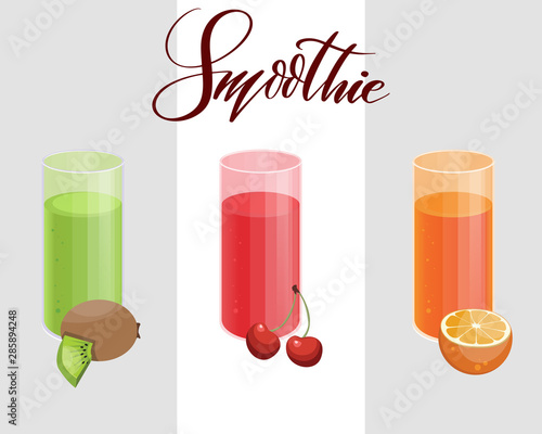 Detox drink concept, SET vegetable smoothies. Natural, organic healthy juice in the glass.