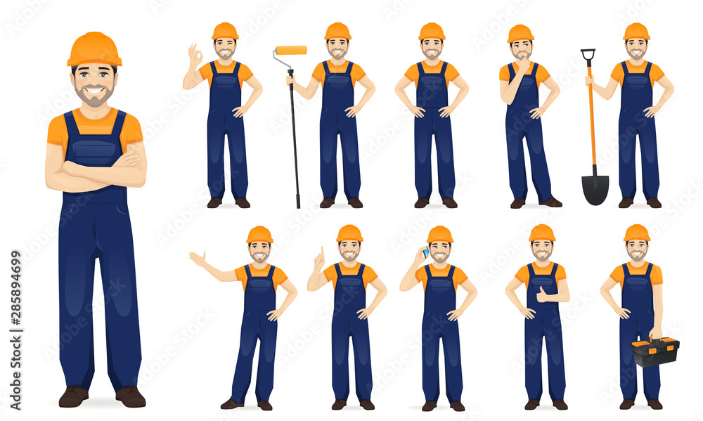 Constarction worker. Man in blue overalls set with different gestures isolated vector illustration - obrazy, fototapety, plakaty 