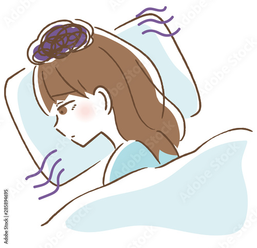  思い詰めて眠れない女性　イラスト