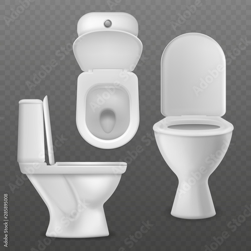 Realistic toilet bowl. White toilet basin, clean lavatory bathroom ceramic bowls group top, side and front view. Toilet vector mockups
