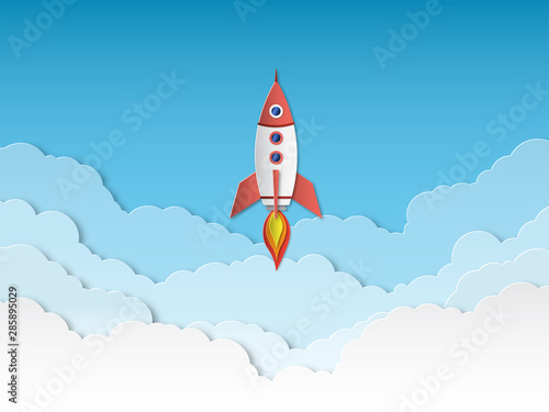 Rocket paper cut. Rockets launch with clouds, successful business start up. Taking off spaceship 3d cartoon origami vector background