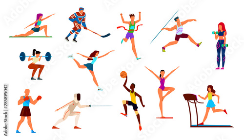 Athletes set. Gymnast and runner, boxer and figure skater, basketball player and hockey player. Fitness, cartoon vector sportsman