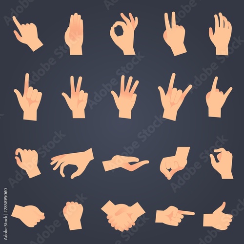 Hand position set. female or male hands holding gesture opening somethin and touching pose vector isolated objects