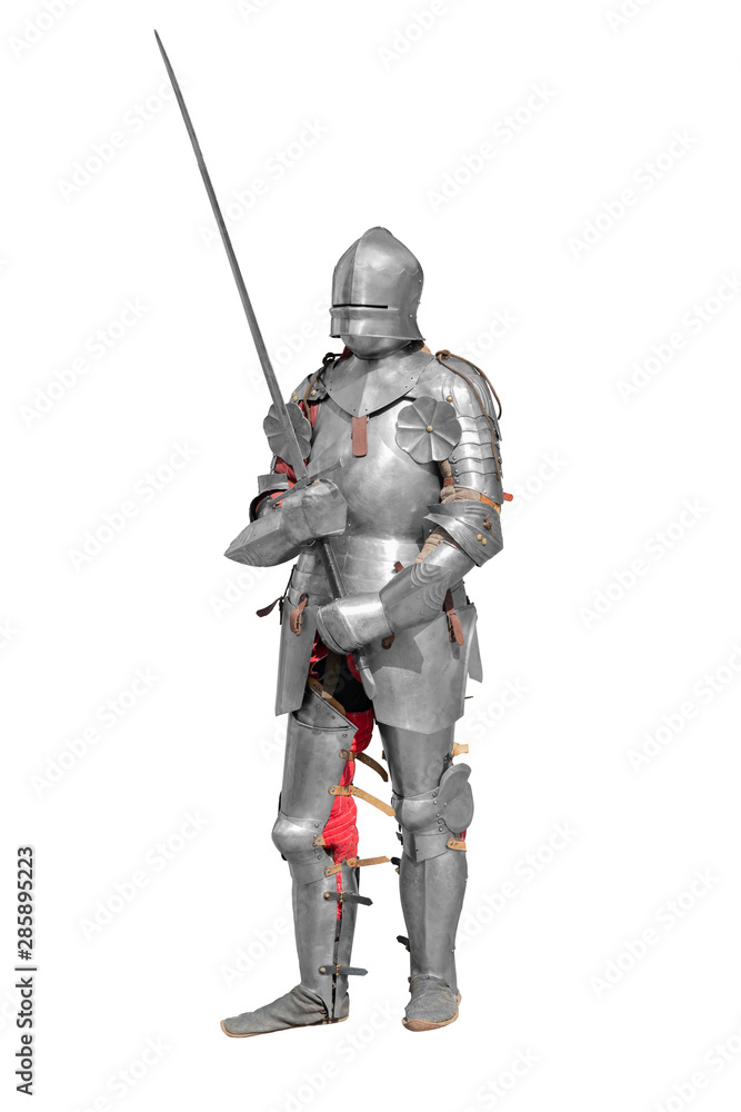 Knight in shiny metal armor on white background.