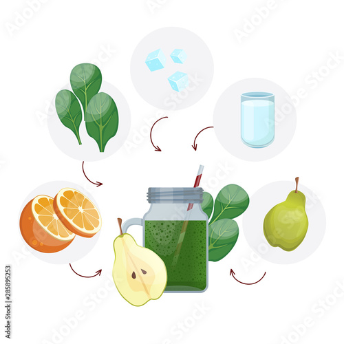 Detox cleanse drink concept, red vegetable smoothie. Natural, organic healthy juice in bottle for weight loss diet. Orange, spinach, ice and pear.