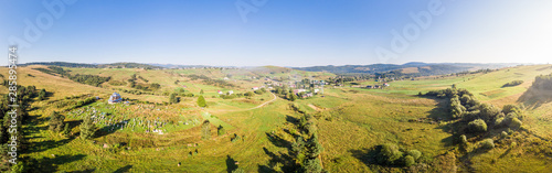 Panoramic landscape. Aerial drone view of Matkiv village in Carpathians, Ukraine