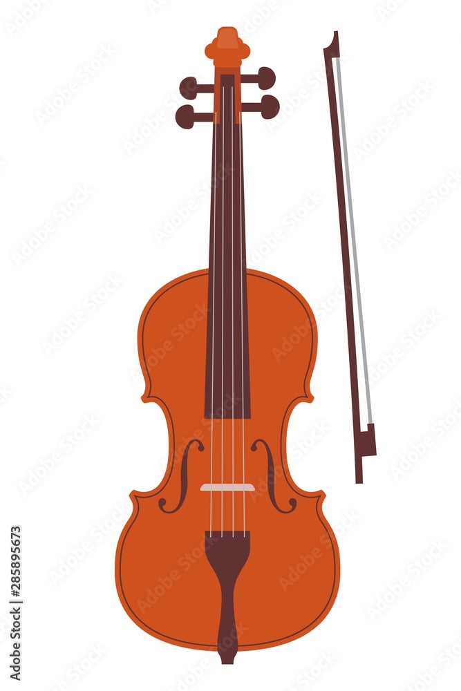 Simple flat style classic violin and bow, isolated on white. Realistic orchestra violin. Vintage musical instrument, vector illustration.