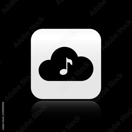 Black Music streaming service icon isolated on black background. Sound cloud computing, online media streaming, online song, audio wave. Silver square button. Vector Illustration