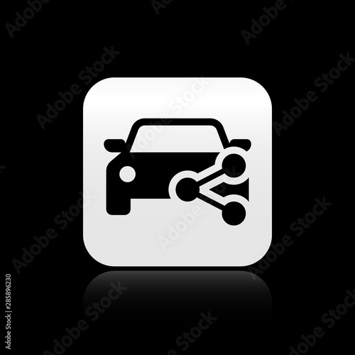 Black Car sharing icon isolated on black background. Carsharing sign. Transport renting service concept. Silver square button. Vector Illustration