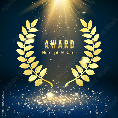 Golden shiny award sign. Laurel wreath on dark luxury background with golden glitter confetti. Vector illustration