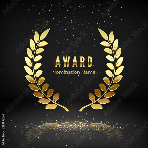 Gold award emblem with falling confetti. Laurel wreath on dark background. Icon of golden laurel branch.  Rewarding the best. Vector illustration