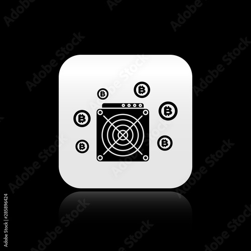 Black ASIC Miner icon isolated on black background. Cryptocurrency mining equipment and hardware. Application specific integrated circuit. Silver square button. Vector Illustration
