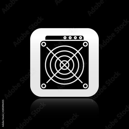 Black ASIC Miner icon isolated on black background. Cryptocurrency mining equipment and hardware. Application specific integrated circuit. Silver square button. Vector Illustration