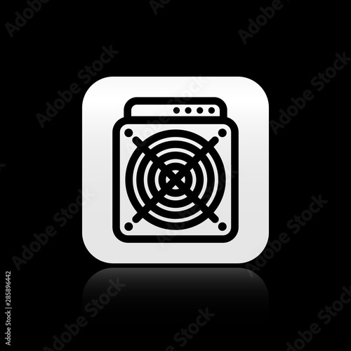 Black ASIC Miner icon isolated on black background. Cryptocurrency mining equipment and hardware. Application specific integrated circuit. Silver square button. Vector Illustration