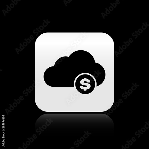 Black Cryptocurrency cloud mining icon isolated on black background. Blockchain technology, bitcoin, digital money market, cryptocoin wallet. Silver square button. Vector Illustration