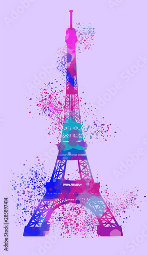 eiffel tower in paris on colored sky bacground  watercolor hand painting with stippling  spray  splashes  rainbow pastels palette