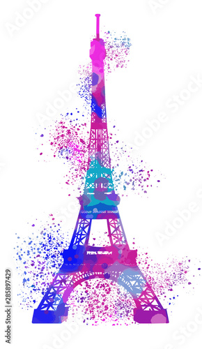 eiffel tower in paris on white  watercolor hand painting with stippling  spray  splashes  rainbow pastels palette