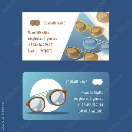 Sunglasses fashionable accessory set of business cards. Sun spectacles plastic frame modern eyeglasses vector illustration. Collection for store or shop. Glasses for tropical trip.