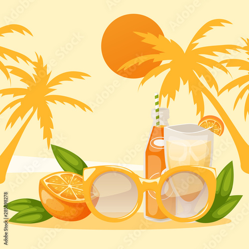 Tropical vacation banner vector illustration. Piece of orange and bottle of drink or juice with glasses on beach. Ocean with palm trees on background. Sunset on island. Rest.