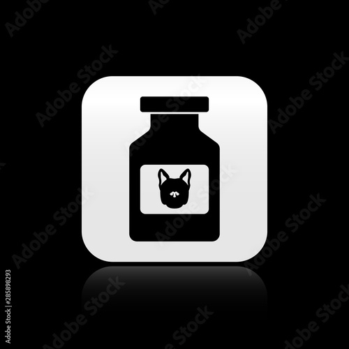Black Dog medicine bottle icon isolated on black background. Container with pills. Prescription medicine for animal. Silver square button. Vector Illustration
