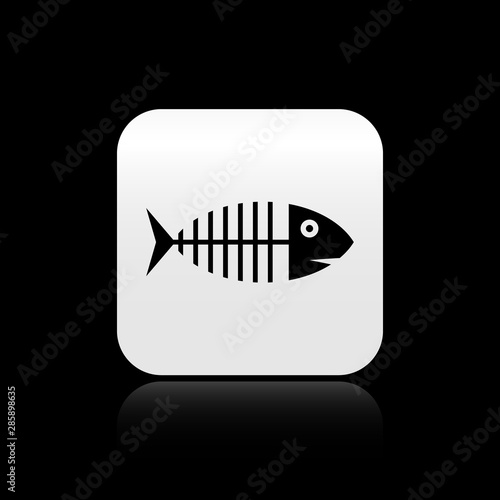 Black Fish skeleton icon isolated on black background. Fish bone sign. Silver square button. Vector Illustration