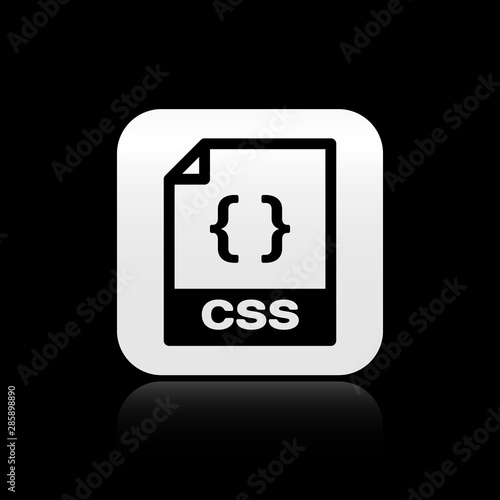 Black CSS file document. Download css button icon isolated on black background. CSS file symbol. Silver square button. Vector Illustration