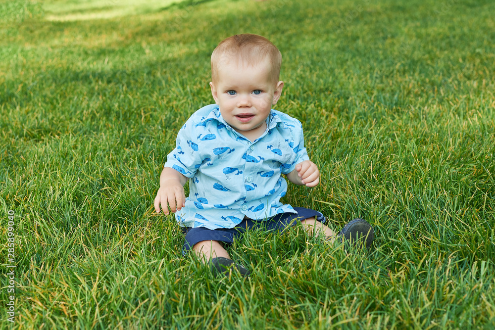 child boy on grass in park child boy on grass in park