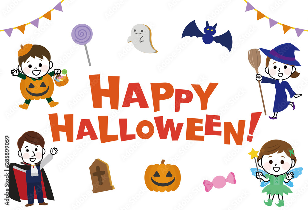 親子 仮装 ハロウィン 書き文字 イラスト Stock Vector Adobe Stock