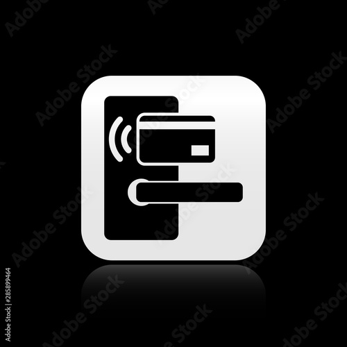 Black Digital door lock with wireless technology for unlock icon isolated on black background. Door handle sign. Security smart home. Silver square button. Vector Illustration