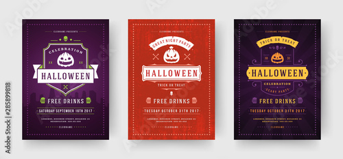 Halloween party flyers invitations or posters set vector illustration