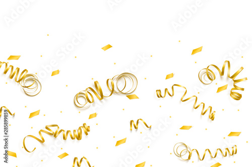 Vector celebration template with serpentine and confetti and carnival ribbon on white background.
