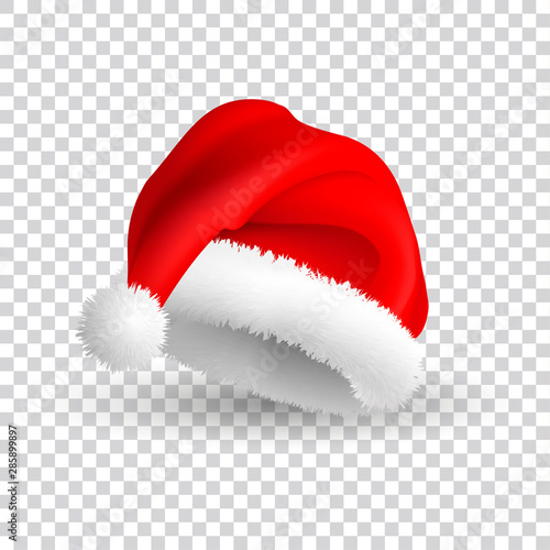Santa Claus hat isolated on transparent background. Realistic Vector. 3d Illustration.