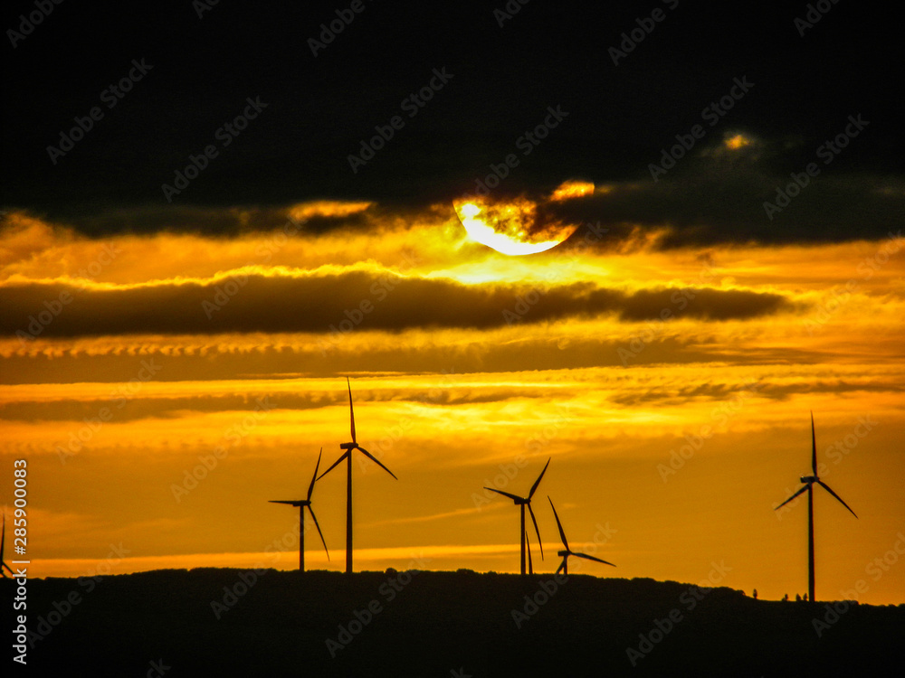 Obraz premium Sunset on the horizon over windmills with cloudy sky