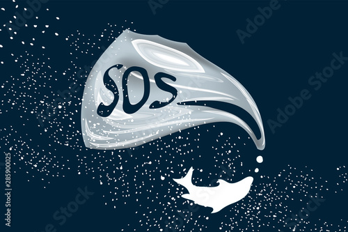 Rubbish Trash bag as speech bubble balloon. Dolphins ask to save ocean from plastic pollution. Request for help from the underwater world - Environment protection concept. Marine life give SOS signal