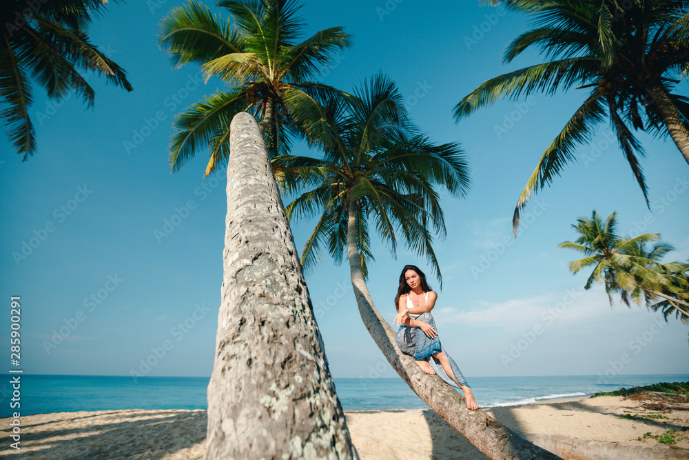 Sensual attractive woman sitting on coconut palm tree on ocean beach Sensual attractive woman sitting on coconut palm tree on ocean beach