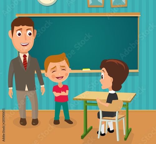 Teacher, boy and schoolgirl sitting at a desk