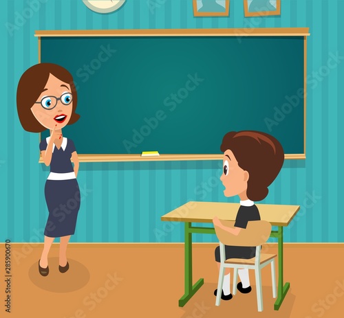 Surprised teacher with open mouth and schoolgirl sitting at a desk turning half-turned.