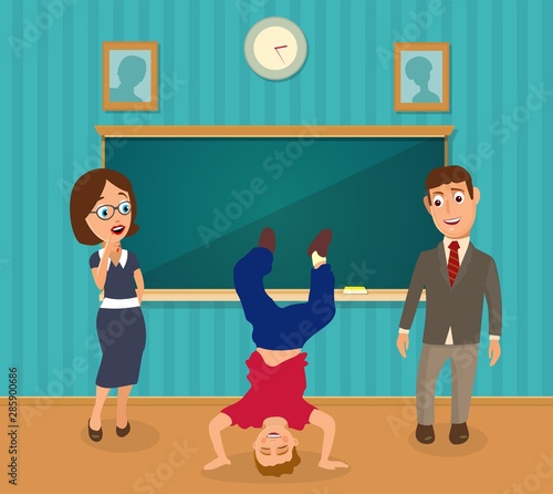 Teacher, man and girl holding a cup. Interior of classroom.